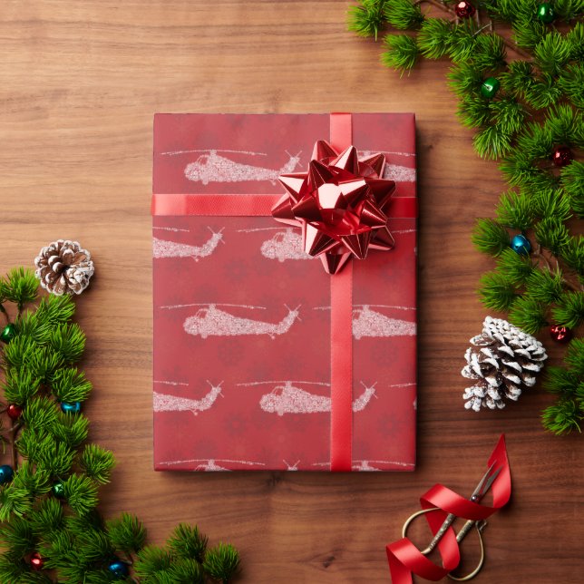 Papel De Presente Helicópteros Floco de Neve - Vermelho (Presente de Natal)