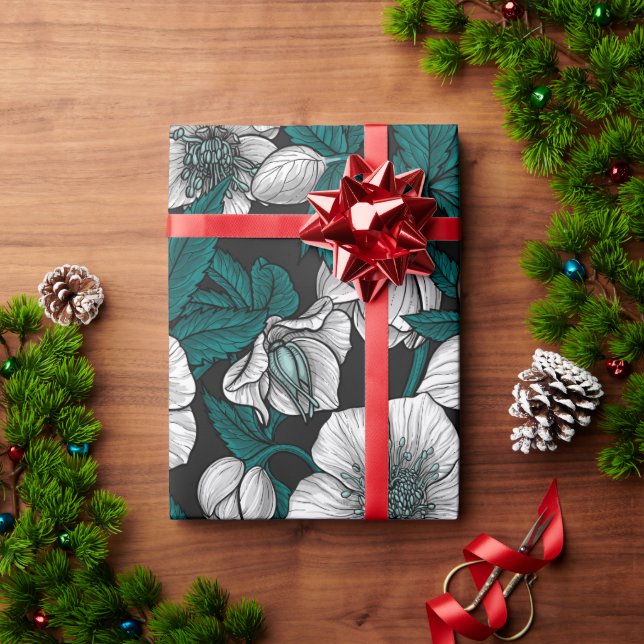 Papel De Presente Hellebores brancos com folhas azuis (Presente de Natal)