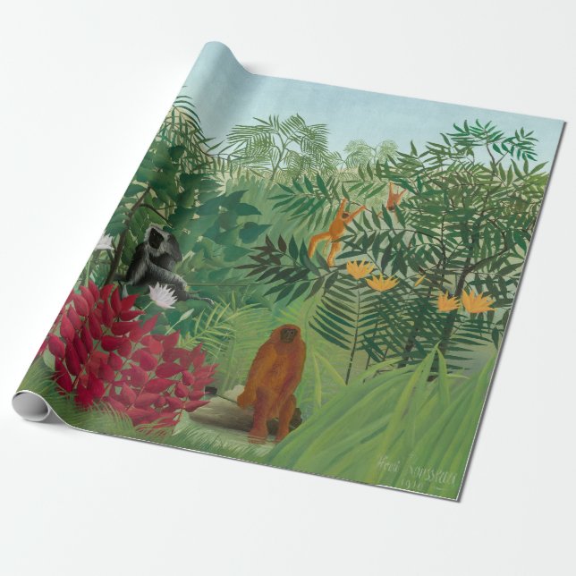 Papel De Presente Henri Rousseau - Floresta Tropical com Macacos (Desenrolado)