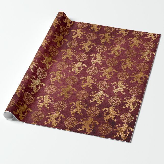 Papel De Presente Heraldic Lion Royal Ouro Red Velvet (Desenrolado)