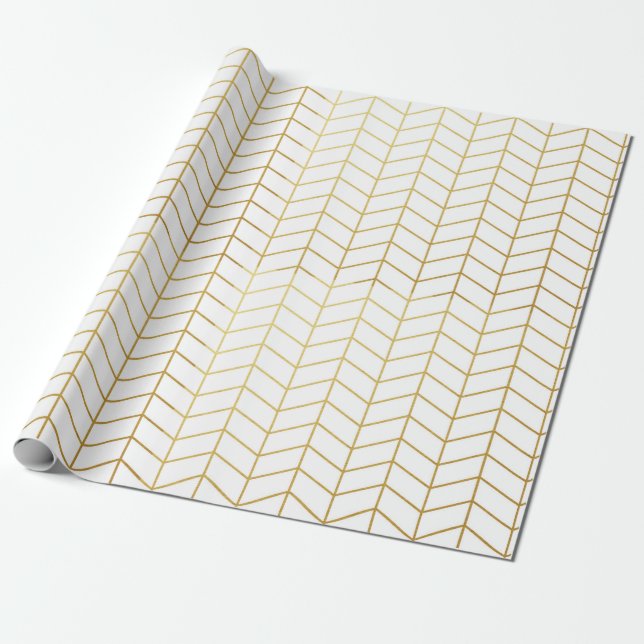 Papel De Presente Herringbone Padrão Faux Gold Foil White Geométrico (Desenrolado)