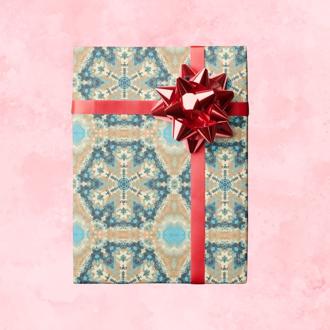 Papel De Presente Hex Mandala Blue e Orange (Blue and Orange Hexagon Mandala Wrapping Paper by Wormhole Orbital)