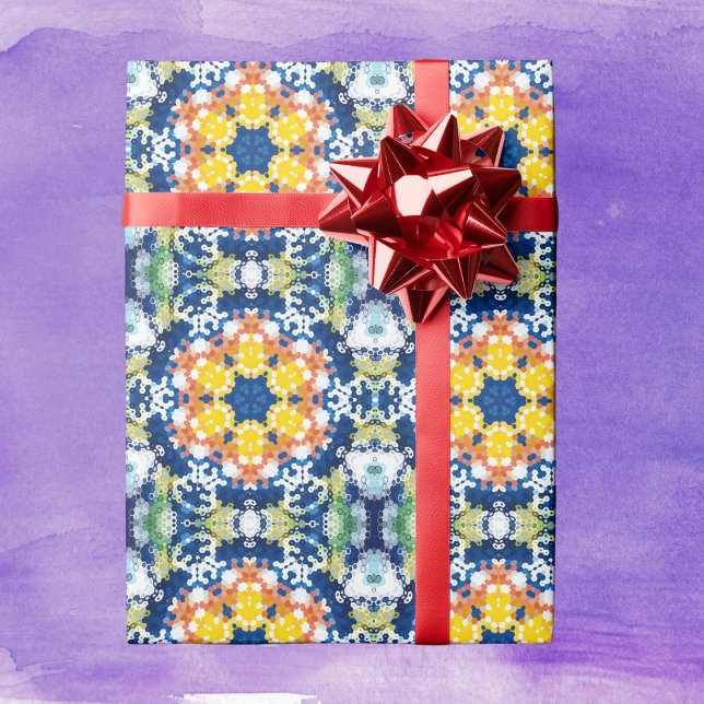 Papel De Presente Hex Mandala Blue Yellow Orange e Green (Blue Yellow Orange and Green Hexagon Mandala Wrapping Paper by Wormhole Orbital)