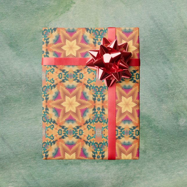 Papel De Presente Hex Mandala Orange Blue e rosa (Orange Blue and Pink Hexagon Mandala Wrapping Paper by Wormhole Orbital)