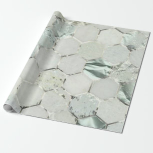 Papel De Presente Hexagon Mint Aqua Silver Marble Shiny