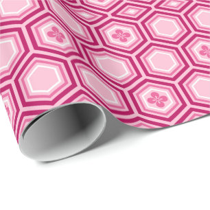 Papel De Presente Hexagonal Kimono Impressão, Borgonha e Rosa