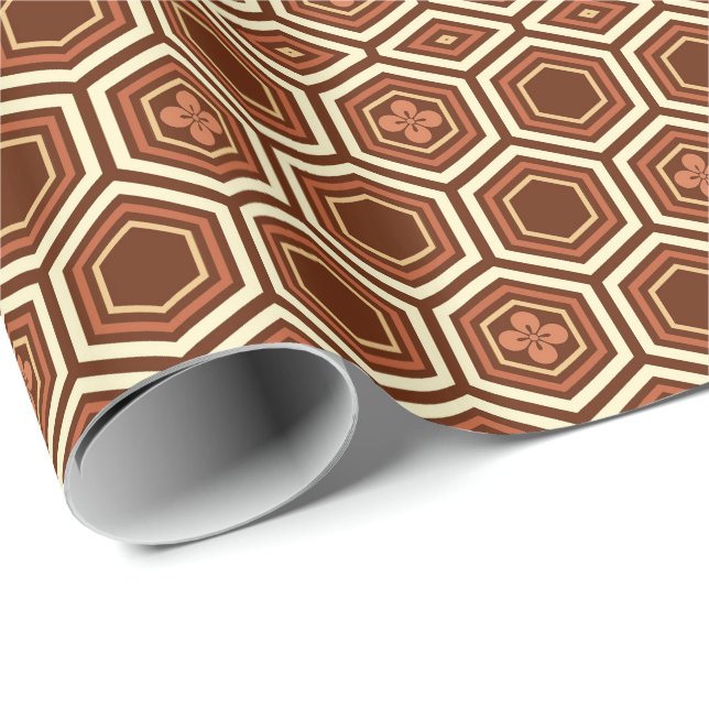 Papel De Presente Hexagonal Kimono Impressão, Brown e Beige (Ponta do rolo)