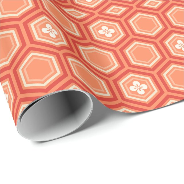 Papel De Presente Hexagonal Kimono Impressão, Mandarin Orange (Ponta do rolo)