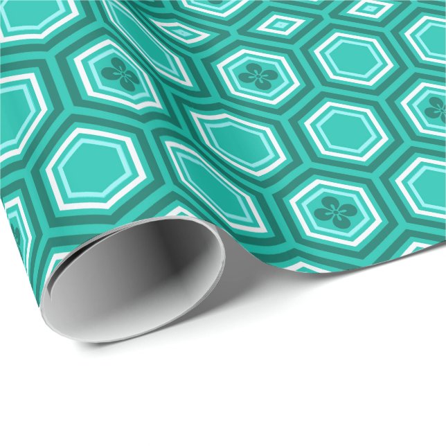 Papel De Presente Hexagonal Kimono Impressão, Teal, Aqua e White (Ponta do rolo)
