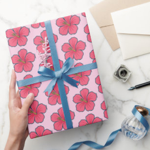 Papel De Presente Hibisco Rosa Bonito Vibes Tropicais 