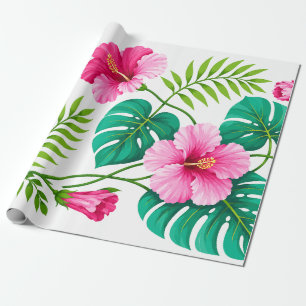 Papel De Presente Hibisco Rosa Tropical e Folhas de Monstera