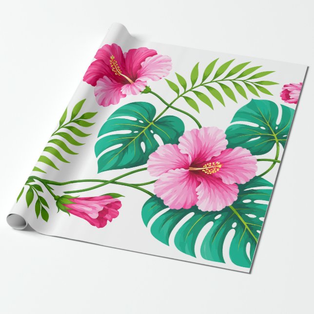 Papel De Presente Hibisco Rosa Tropical e Folhas de Monstera (Desenrolado)