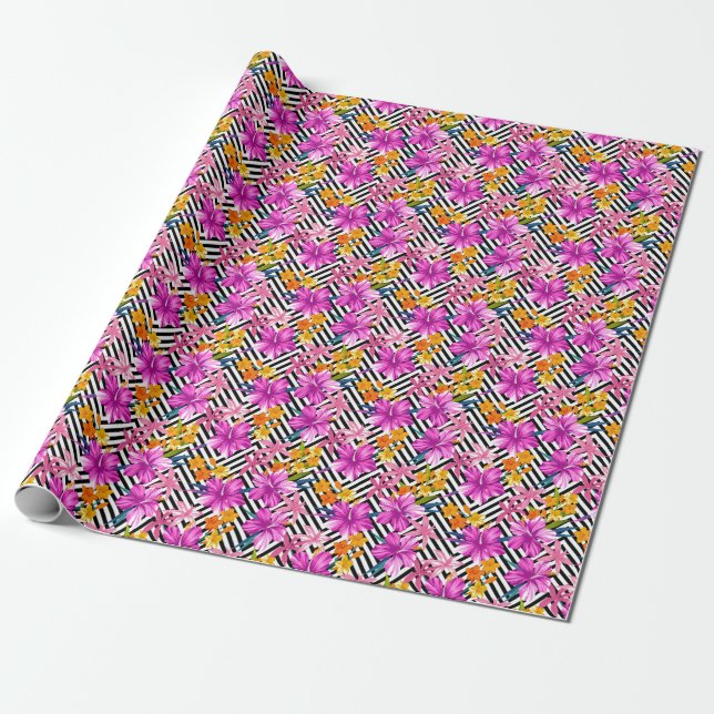 Papel De Presente hibisco tropical, palmeiras, geométrico. (Desenrolado)