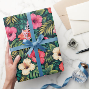 Papel De Presente Hibisco Tropical Vibrante e Monstera