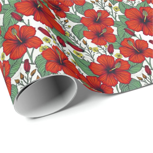 Papel De Presente Hibisco Vermelho Tropical Botânico (Ponta do rolo)