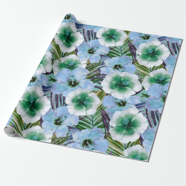 Papel De Presente Hibiscus De Praia Tropical - Azul E Verde (Desenrolado)