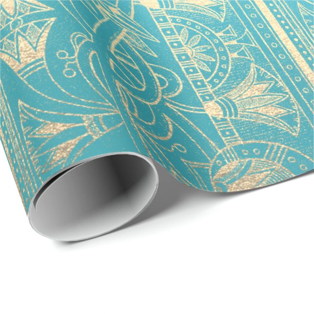 Papel De Presente Hieróglifos Egípcios Dourados Foxier Turquoise Oce (Ponta do rolo)