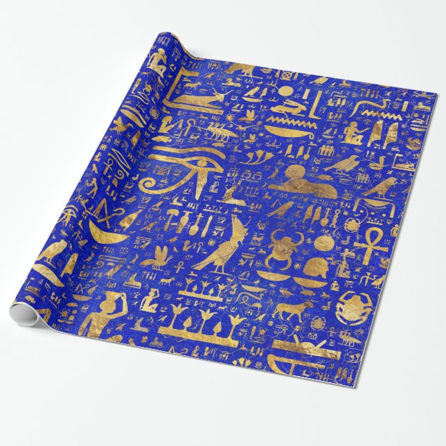 Papel De Presente Hieróglifos Egípcios - Lapis Lazuli e Dourado (Desenrolado)