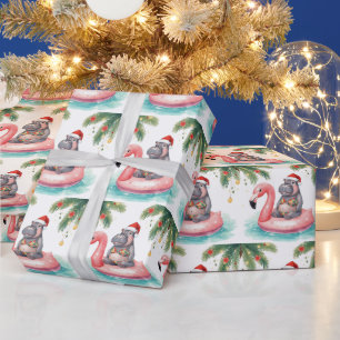 Papel De Presente Hipopótamo de Biquíni na Festa de Natal na Piscina