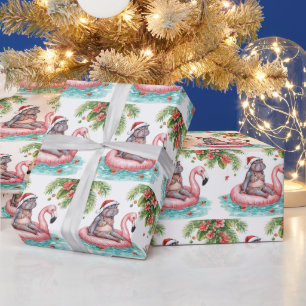 Papel De Presente Hipopótamo de Biquíni na Festa de Natal na Piscina