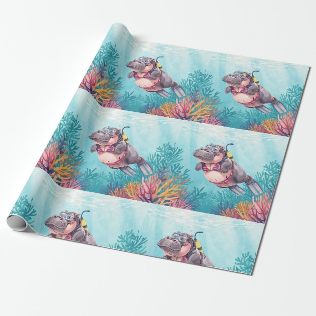 Papel De Presente Hipopótamo mergulhador subaquático  (Desenrolado)