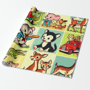 Papel De Presente Histórias em quadrinhos De Animais De Corte Retro