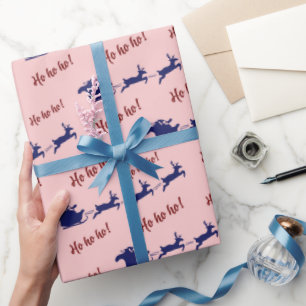 Papel De Presente Ho Ho Ho Papais noeis Sleigh e Reindeers Rosa Sem