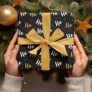 Papel De Presente Ho Ho Ho Preto Dourado Caligrafia Moderna de Natal