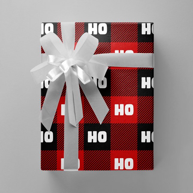 Papel De Presente Ho Ho Ho Red Black White Christmas Buffalo Plaid (Ho Ho Ho Red & Black Chic Christmas Buffalo Plaid Wrapping Paper)