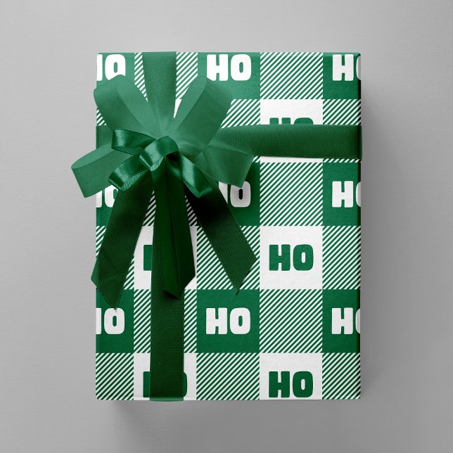Papel De Presente Ho Ho Ho Verde Branco Chic Natal Plaid (Ho Ho Ho Green & White Chic Christmas Buffalo Plaid Wrapping Paper)