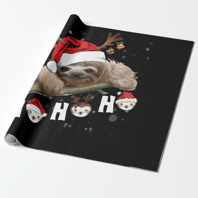 Papel De Presente Ho Ho Sloth Christmas Santa Hat Reindeer (Desenrolado)