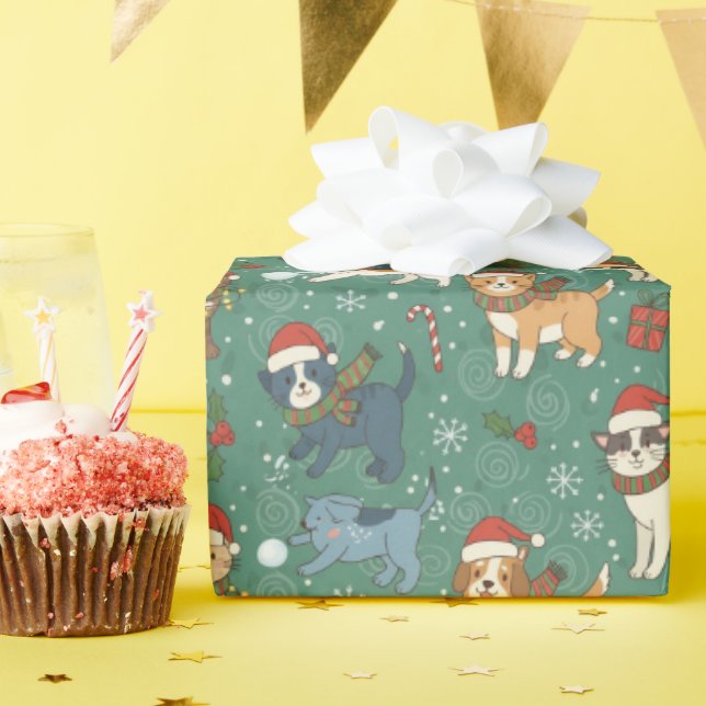 Papel De Presente Holiday Cats & Dogs Christmas Wrapping Paper (Festa de aniversário)