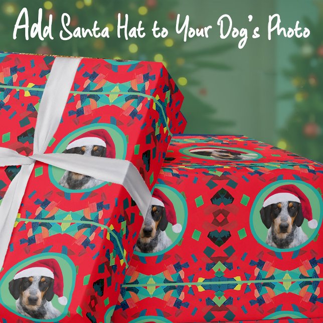 Papel De Presente Holiday Green Red Your Dog Photo-Add Our Santa Hat (Criador carregado)