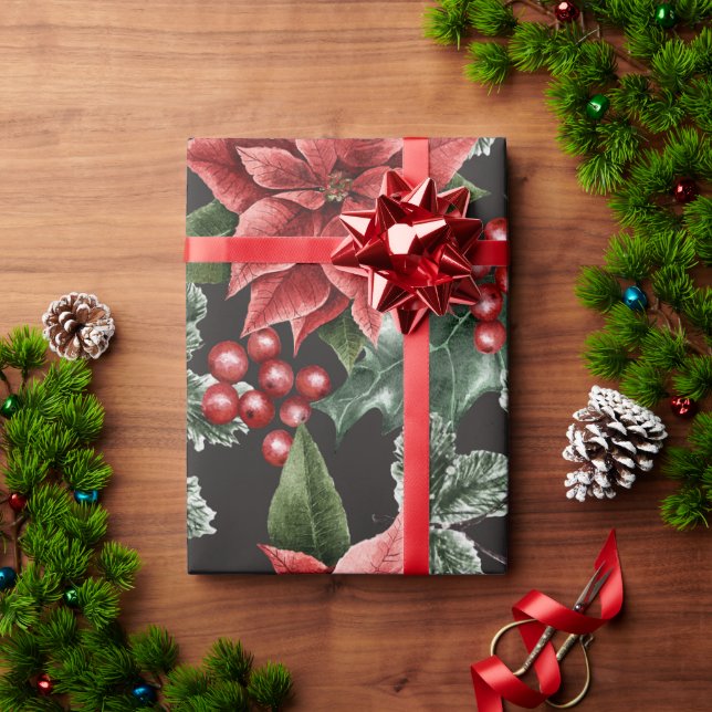 Papel De Presente Holiday Red Poinsettias Pine Greenery Xmas (Presente de Natal)