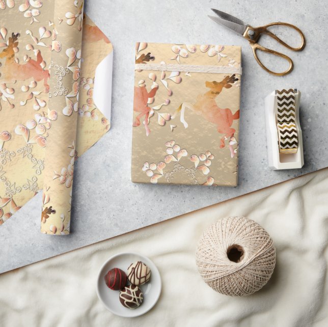 Papel De Presente Holiday Reindeer Snowflakes em Rosa Dourado (Artesanato)