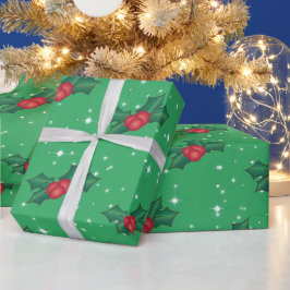 Papel De Presente Holly Berries com Neve e Estrelas no Mar Verde