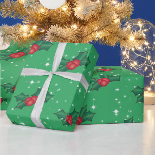 Papel De Presente Holly Berries com Neve e Estrelas no Mar Verde