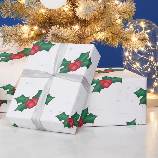 Papel De Presente Holly Berries em BRANCO (Feriados)