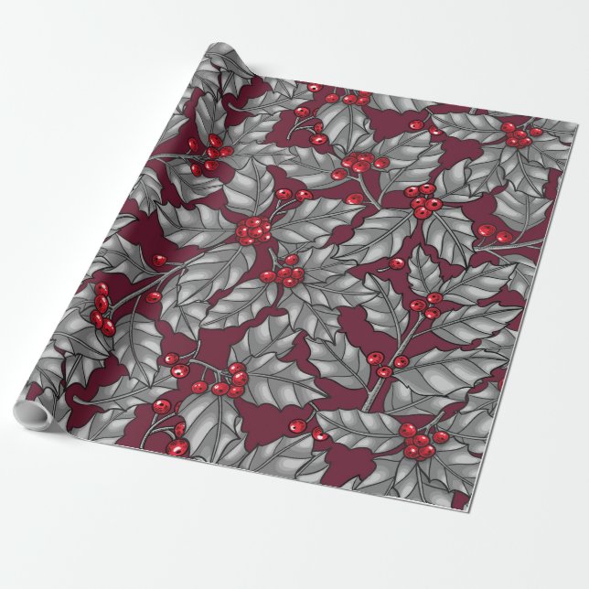 Papel De Presente Holly berry, gray leaves on dark red (Desenrolado)