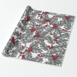 Papel De Presente Holly berry, gray leaves on white<br><div class="desc">Holly berry leaves and fruit hand drawn Christmas pattern</div>