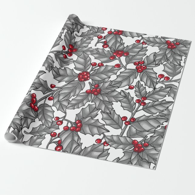 Papel De Presente Holly berry, gray leaves on white (Desenrolado)