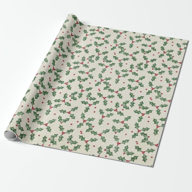 Papel De Presente Holly Berry Natal Vintage (Desenrolado)