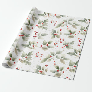 Papel De Presente Holly e Berries Watercolor