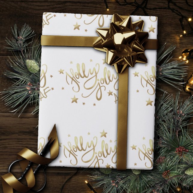 Papel De Presente Holly Jolly AF | Manuscrito brilhante Dourado Faux (Criador carregado)