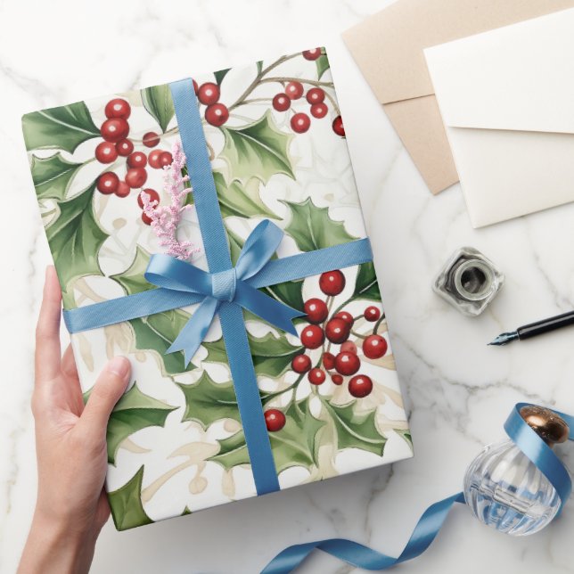 Papel De Presente Holly Leaves e Berries Vermelhos (Presentear)