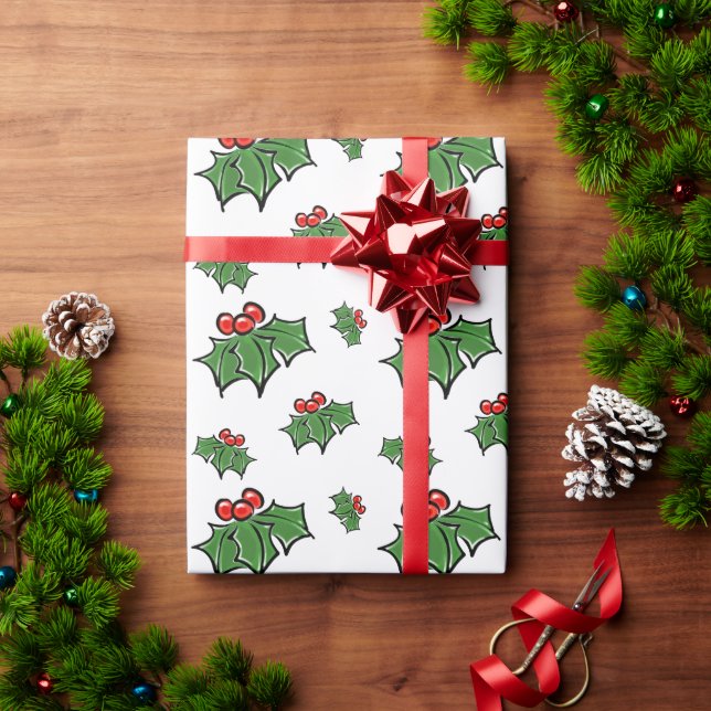 Papel De Presente Holly Leaves, Holly berry, botânica de férias dive (Presente de Natal)