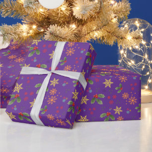 Papel De Presente Holly & Snowflakes no Natal Roxo