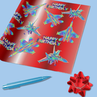Papel De Presente Holographic Jet Planes Aniversário