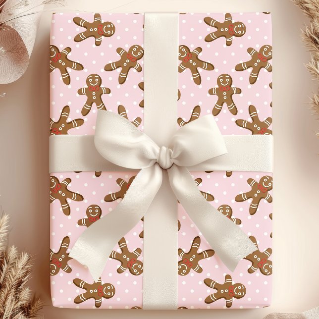 Papel De Presente Homem de Biscoito de Gengibre com Bolinhas Rosa Na (Criador carregado)