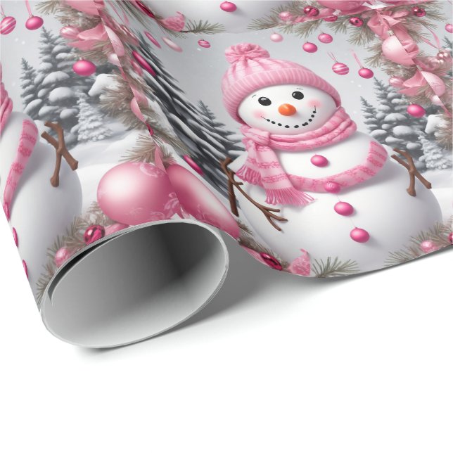 Papel De Presente Homem de Neve Rosa Personalizado (Ponta do rolo)